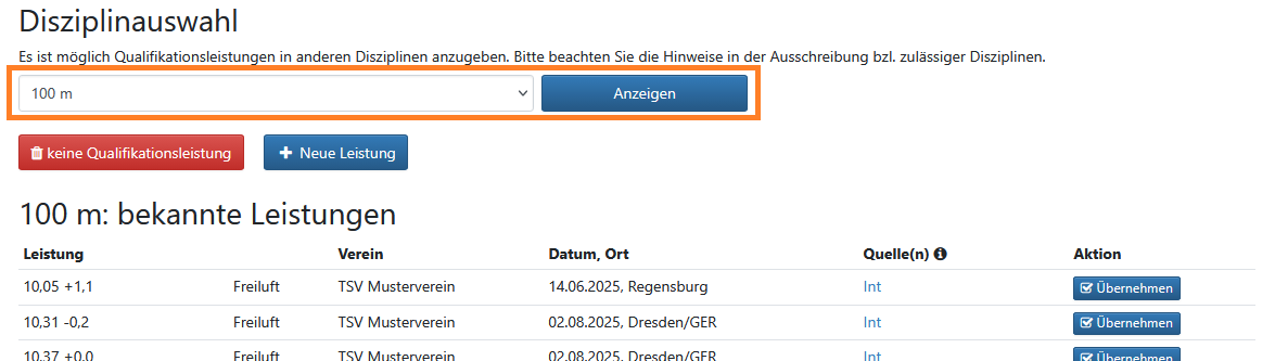 Maske zur Auswahl von Meldeleistungen (inkl. Disziplinauswahl)