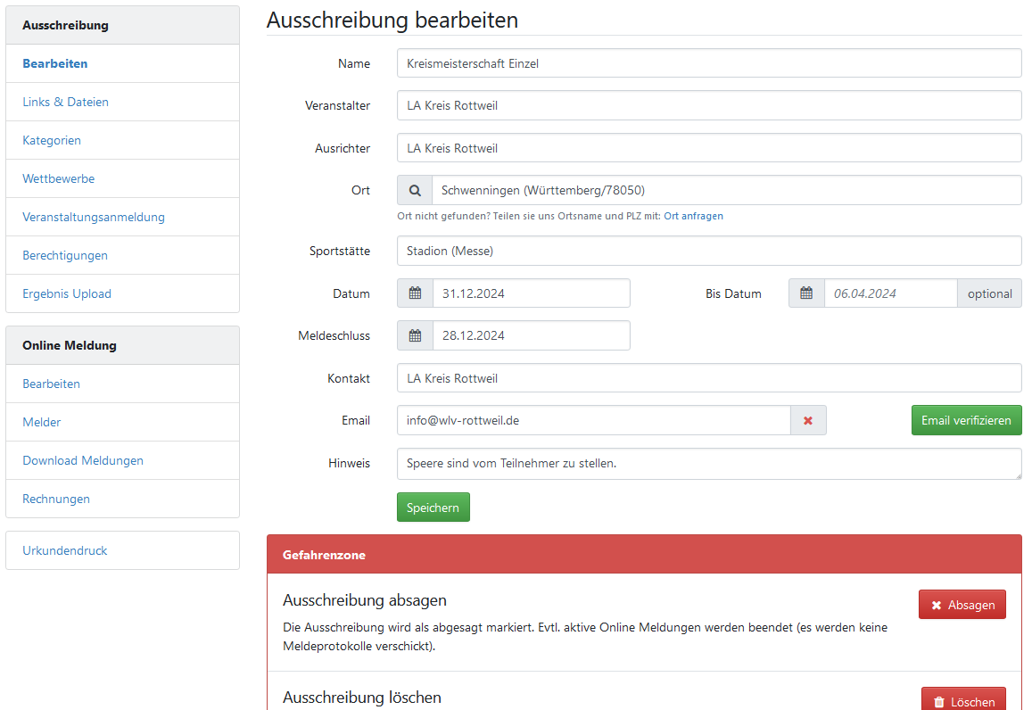 Stammdaten der Ausschreibung bearbeiten